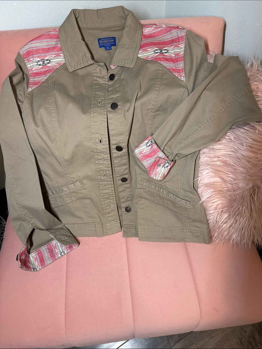 Pendleton Tan Utility Jacket with Light Red Patterned Yoke